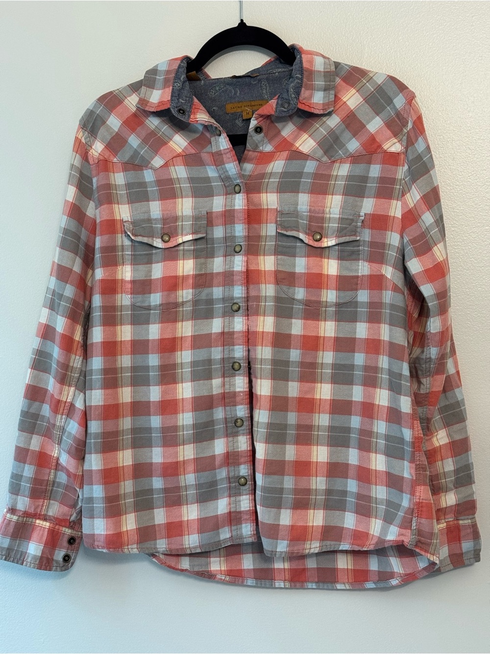 JACHS Girlfriend Coral and Light Blue Plaid Button-Up Shirt